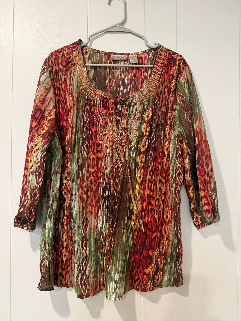 Art And Soul Red Green Multi-Print Embroidered Boho Tunic